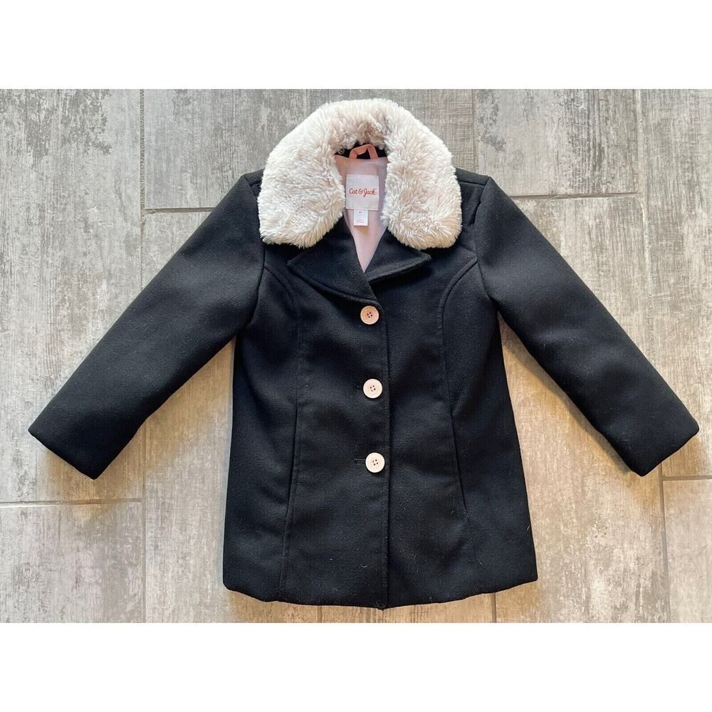 CAT & JACK Toddler Girls Black Pea Coat Removable Faux Fur Collar Holiday 4T EUC